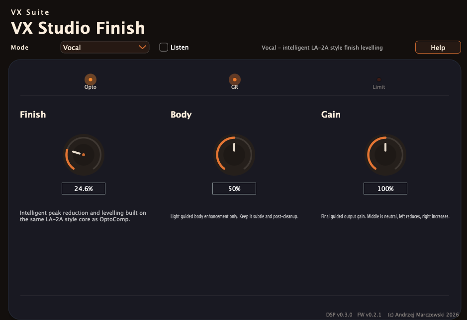 VX Studio Finish interface