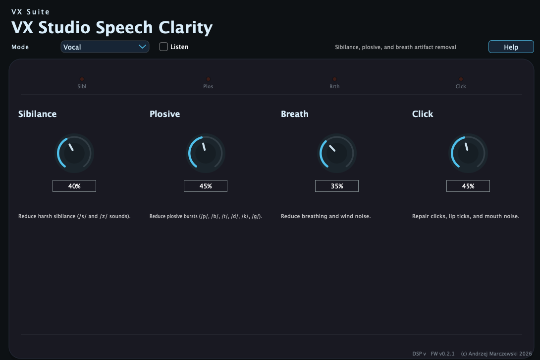 VX Studio Speech Clarity desktop layout